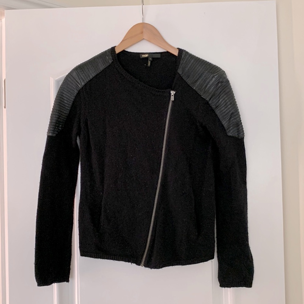 Maje Wool Jacket with Leather Trim- Size 1